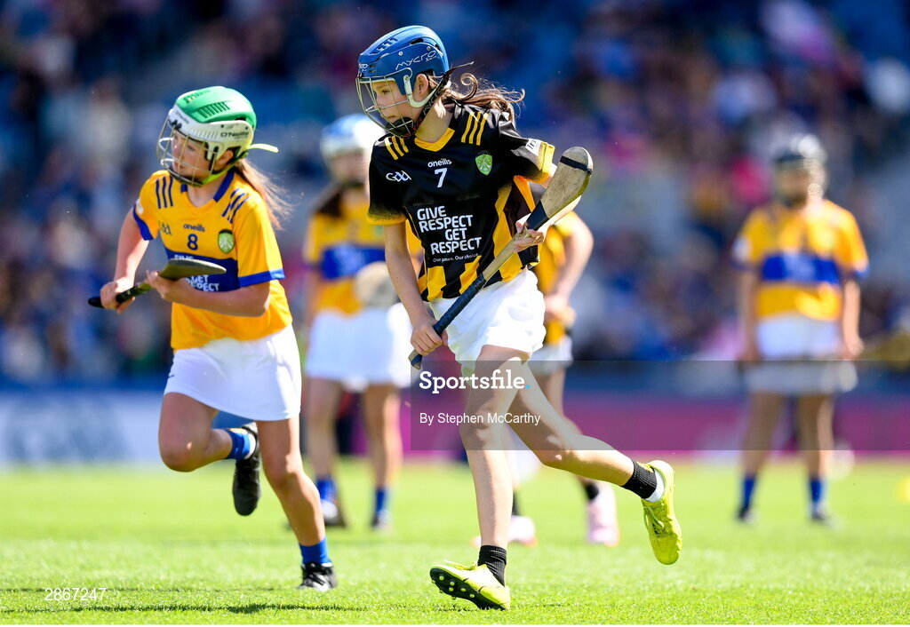 6 July 2024; Eva Hamilton, Bunscoil Bóthar na Naomh, Port Láirge, representing Kilkenny, during the GAA INTO Cumann na mBunscol Respect Exhibition Go Games at the GAA Hurling All-Ireland Senior Championship semi-final match between Kilkenny and Clare at Croke Park in Dublin. Photo by Stephen McCarthy/Sportsfile