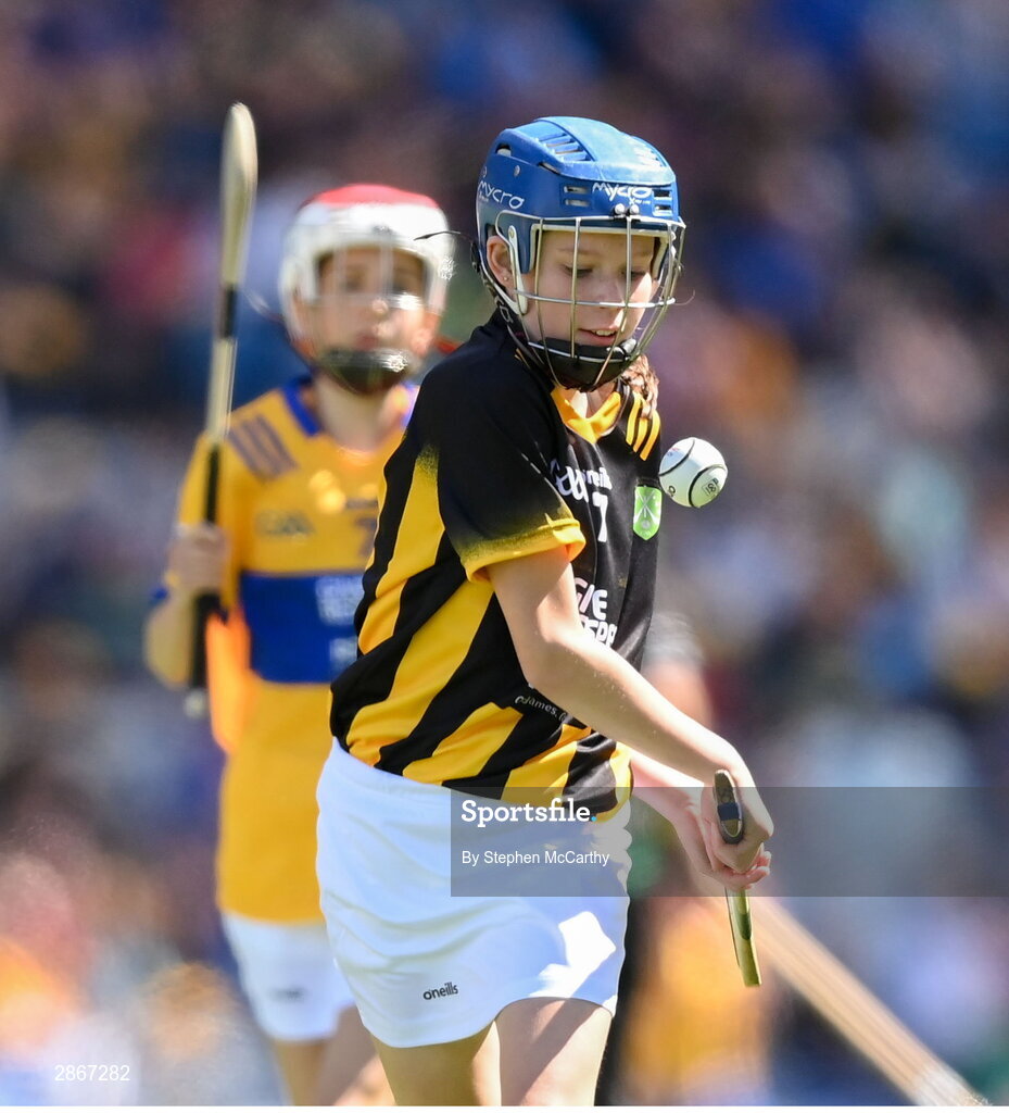 6 July 2024; Eva Hamilton, Bunscoil Bóthar na Naomh, Port Láirge, representing Kilkenny, during the GAA INTO Cumann na mBunscol Respect Exhibition Go Games at the GAA Hurling All-Ireland Senior Championship semi-final match between Kilkenny and Clare at Croke Park in Dublin. Photo by Stephen McCarthy/Sportsfile