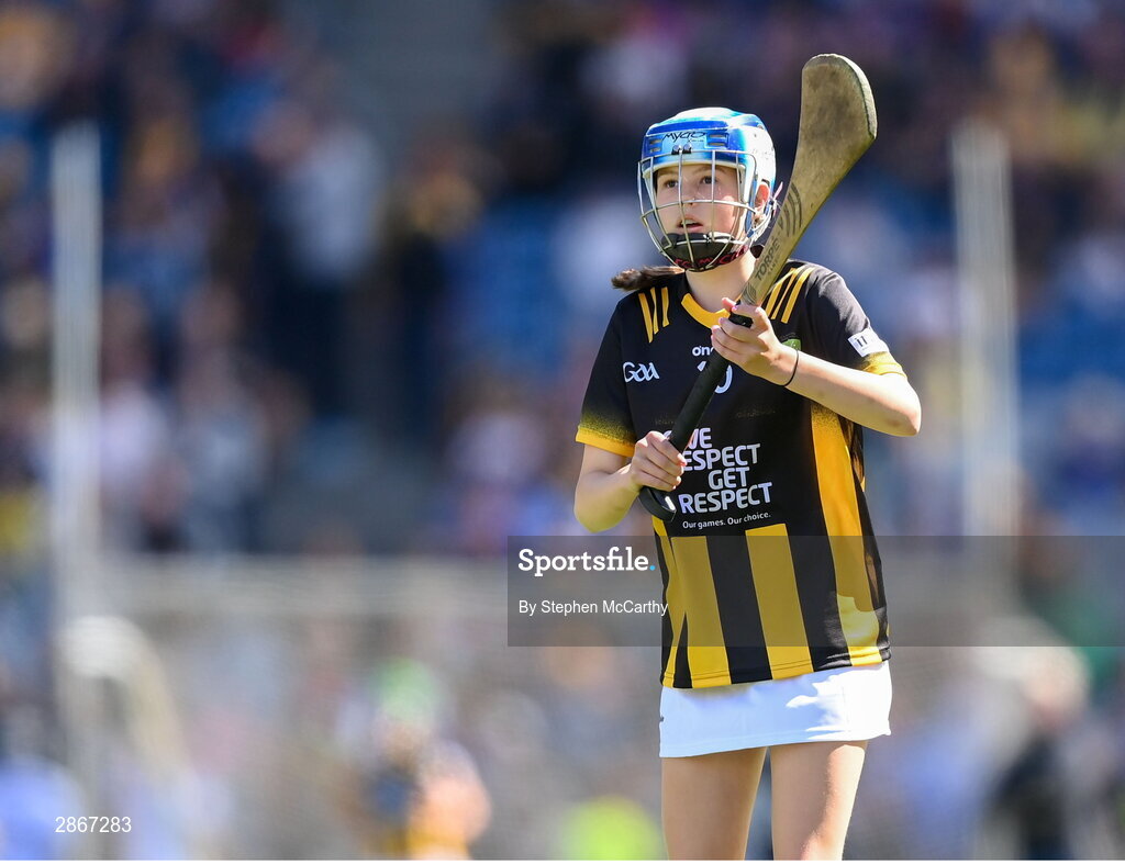 6 July 2024; Annabelle Bray, St Mary's NS, Raharney, Westmeath, representing Kilkenny, during the GAA INTO Cumann na mBunscol Respect Exhibition Go Games at the GAA Hurling All-Ireland Senior Championship semi-final match between Kilkenny and Clare at Croke Park in Dublin. Photo by Stephen McCarthy/Sportsfile