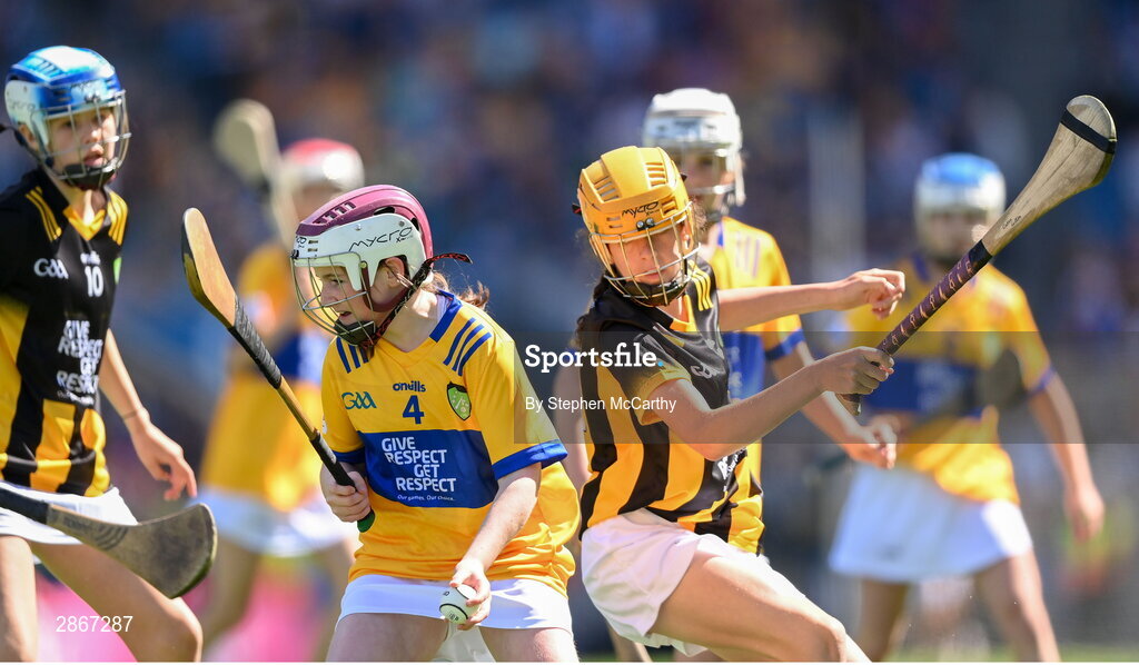 6 July 2024; Róise Kennedy, Abbey Primary School, Boyle, Roscommon, representing Clare, during the GAA INTO Cumann na mBunscol Respect Exhibition Go Games at the GAA Hurling All-Ireland Senior Championship semi-final match between Kilkenny and Clare at Croke Park in Dublin. Photo by Stephen McCarthy/Sportsfile