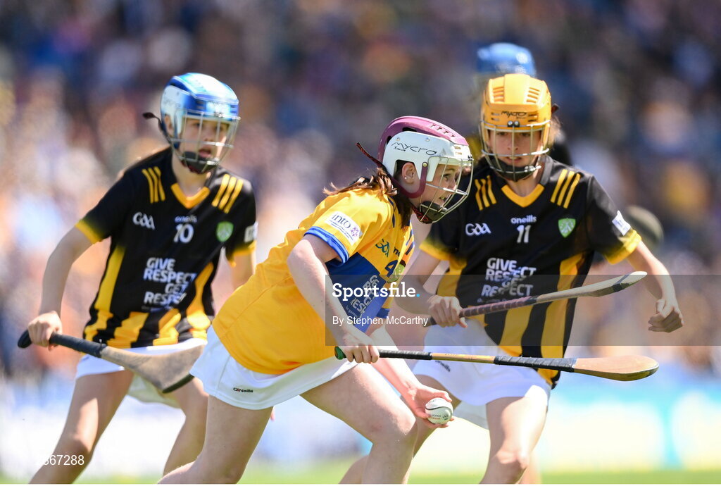 6 July 2024; Róise Kennedy, Abbey Primary School, Boyle, Roscommon, representing Clare, during the GAA INTO Cumann na mBunscol Respect Exhibition Go Games at the GAA Hurling All-Ireland Senior Championship semi-final match between Kilkenny and Clare at Croke Park in Dublin. Photo by Stephen McCarthy/Sportsfile