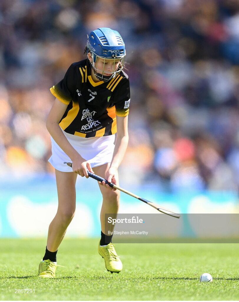 6 July 2024; Eva Hamilton, Bunscoil Bóthar na Naomh, Port Láirge, representing Kilkenny, during the GAA INTO Cumann na mBunscol Respect Exhibition Go Games at the GAA Hurling All-Ireland Senior Championship semi-final match between Kilkenny and Clare at Croke Park in Dublin. Photo by Stephen McCarthy/Sportsfile
