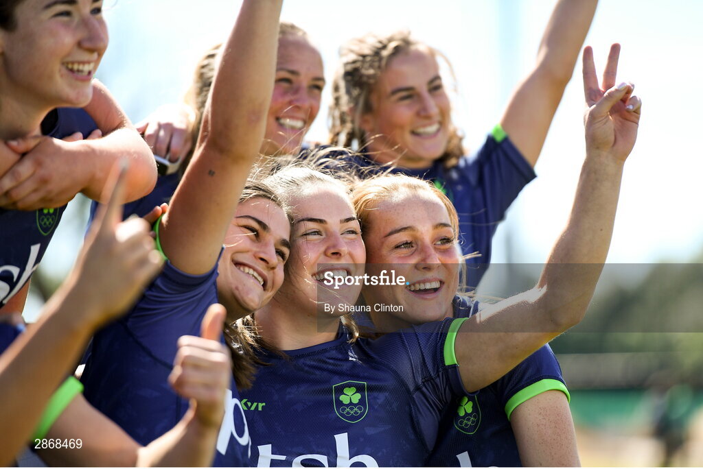 8 July 2024; Beibhinn Parsons, centre, and team-mates during the Team Ireland Paris 2024 team training for Rugby Sevens ahead of the Paris 2024 Olympic Games at the IRFU Outdoor Pitch on the Sport Ireland Campus in Dublin. Photo by Shauna Clinton/Sportsfile