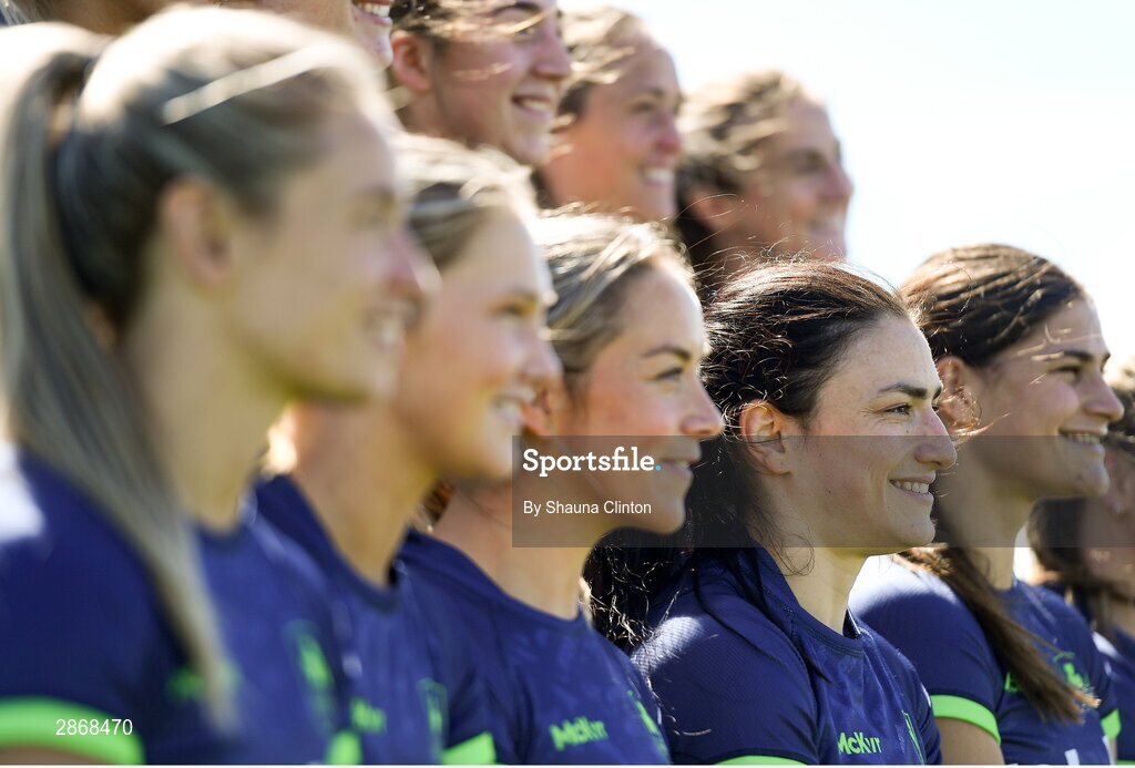 8 July 2024; Lucy Rock, second from right, and team-mates during the Team Ireland Paris 2024 team training for Rugby Sevens ahead of the Paris 2024 Olympic Games at the IRFU Outdoor Pitch on the Sport Ireland Campus in Dublin. Photo by Shauna Clinton/Sportsfile