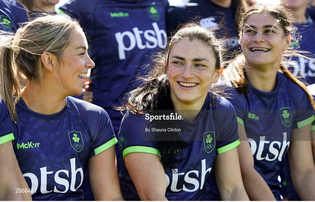 8 July 2024; Lucy Rock, centre, and team-mates during the Team Ireland Paris 2024 team training for Rugby Sevens ahead of the Paris 2024 Olympic Games at the IRFU Outdoor Pitch on the Sport Ireland Campus in Dublin. Photo by Shauna Clinton/Sportsfile