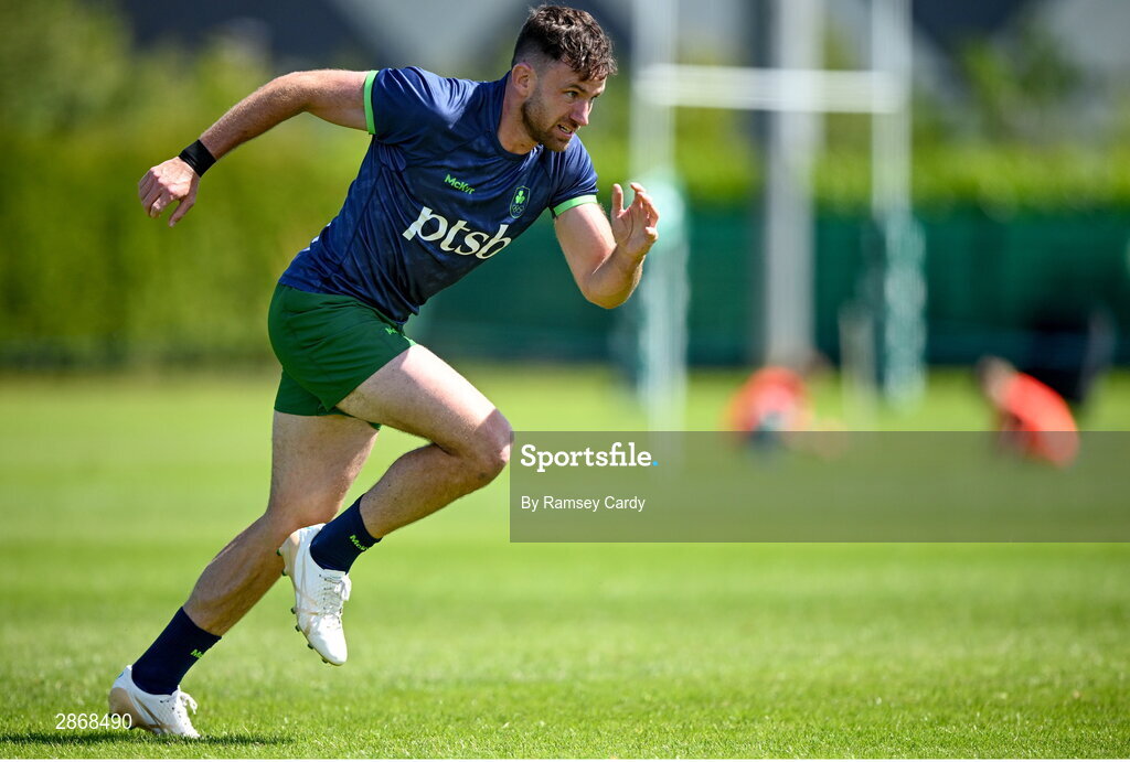 8 July 2024; Hugo Keenan during the Team Ireland Paris 2024 team training for Rugby Sevens ahead of the Paris 2024 Olympic Games at the IRFU Outdoor Pitch on the Sport Ireland Campus in Dublin. Photo by Ramsey Cardy/Sportsfile
