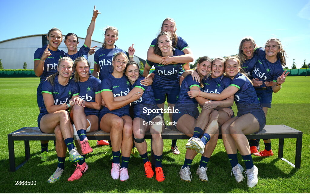 8 July 2024; Ireland Women's Rugby Sevens squad, back row, from left, Erin King, Amee-Leigh Murphy Crowne, Megan Burns, Eve Higgins, Claire Boles, Ashleigh Orchard and Emily Lane, with, front row, from left, Kathy Baker, Alanna Fitzpatrick, Stacey Flood, Lucy Rock, Vicky Elmes Kinlan, Beibhinn Parsons and Amy Larn during the Team Ireland Paris 2024 team training for Rugby Sevens ahead of the Paris 2024 Olympic Games at the IRFU Outdoor Pitch on the Sport Ireland Campus in Dublin. Photo by Ramsey Cardy/Sportsfile