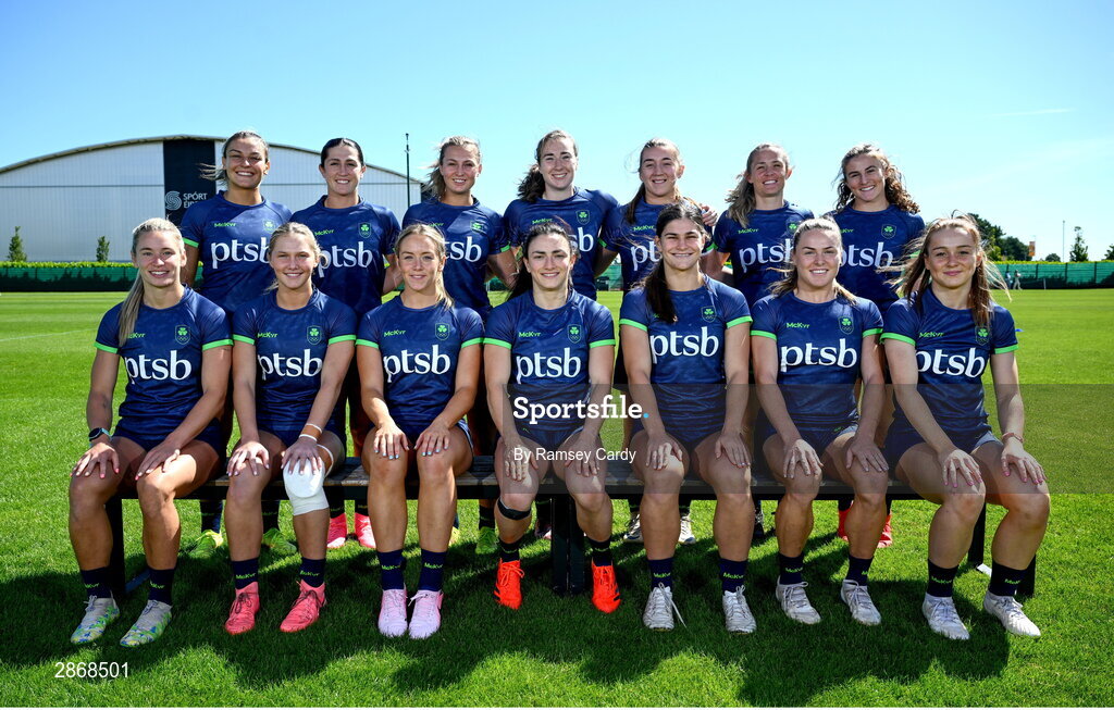 8 July 2024; Ireland Women's Rugby Sevens squad, back row, from left, Erin King, Amee-Leigh Murphy Crowne, Megan Burns, Eve Higgins, Claire Boles, Ashleigh Orchard and Emily Lane, with, front row, from left, Kathy Baker, Alanna Fitzpatrick, Stacey Flood, Lucy Rock, Vicky Elmes Kinlan, Beibhinn Parsons and Amy Larn during the Team Ireland Paris 2024 team training for Rugby Sevens ahead of the Paris 2024 Olympic Games at the IRFU Outdoor Pitch on the Sport Ireland Campus in Dublin. Photo by Ramsey Cardy/Sportsfile
