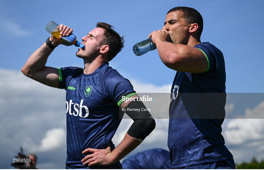 8 July 2024; Jordan Conroy, right, and Jack Kelly during the Team Ireland Paris 2024 team training for Rugby Sevens ahead of the Paris 2024 Olympic Games at the IRFU Outdoor Pitch on the Sport Ireland Campus in Dublin. Photo by Ramsey Cardy/Sportsfile