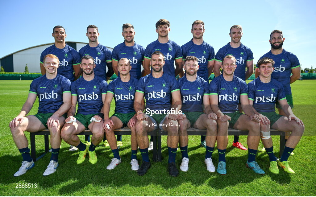 8 July 2024; The Ireland Men's Rugby Sevens Squad, back row, from left, Jordan Conroy, Jack Kelly, Bryan Mollen, Chay Mullins, Zac Ward, Terry Kennedy and Mark Roche, with, front row, from left, Gavin Mullin, Andrew Smith, Hugo Lennox, Harry McNulty, Hugo Keenan, Niall Comerford and Sean Cribbin during the Team Ireland Paris 2024 team training for Rugby Sevens ahead of the Paris 2024 Olympic Games at the IRFU Outdoor Pitch on the Sport Ireland Campus in Dublin. Photo by Ramsey Cardy/Sportsfile