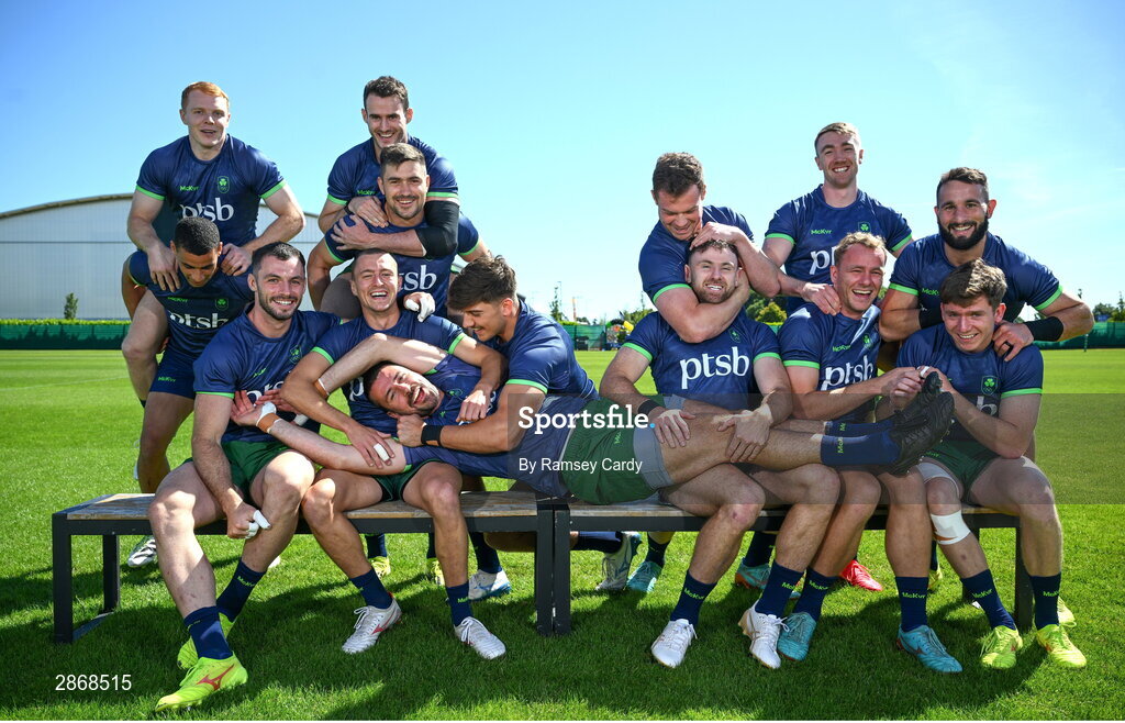 8 July 2024; The Ireland Men's Rugby Sevens Squad, back row, from left, Jordan Conroy, Jack Kelly, Bryan Mollen, Chay Mullins, Zac Ward, Terry Kennedy and Mark Roche, with, front row, from left, Gavin Mullin, Andrew Smith, Hugo Lennox, Harry McNulty, Hugo Keenan, Niall Comerford and Sean Cribbin during the Team Ireland Paris 2024 team training for Rugby Sevens ahead of the Paris 2024 Olympic Games at the IRFU Outdoor Pitch on the Sport Ireland Campus in Dublin. Photo by Ramsey Cardy/Sportsfile
