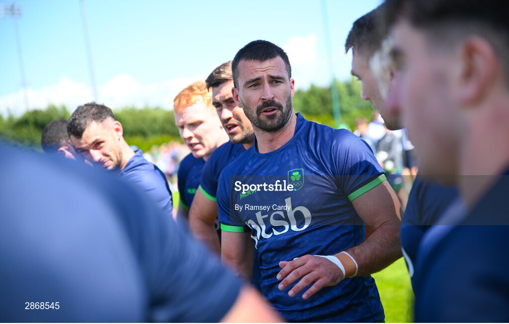 8 July 2024; Harry McNulty speaks to team-mates during the Team Ireland Paris 2024 team training for Rugby Sevens ahead of the Paris 2024 Olympic Games at the IRFU Outdoor Pitch on the Sport Ireland Campus in Dublin. Photo by Ramsey Cardy/Sportsfile