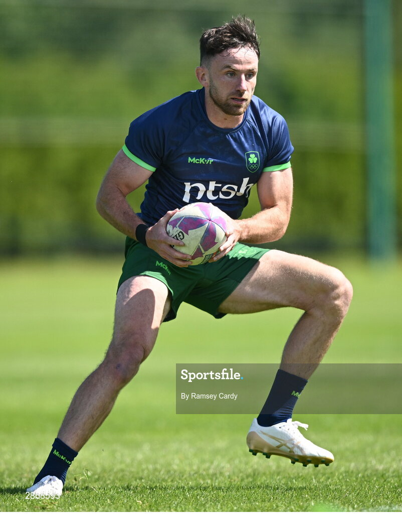 8 July 2024; Hugo Keenan during the Team Ireland Paris 2024 team training for Rugby Sevens ahead of the Paris 2024 Olympic Games at the IRFU Outdoor Pitch on the Sport Ireland Campus in Dublin. Photo by Ramsey Cardy/Sportsfile