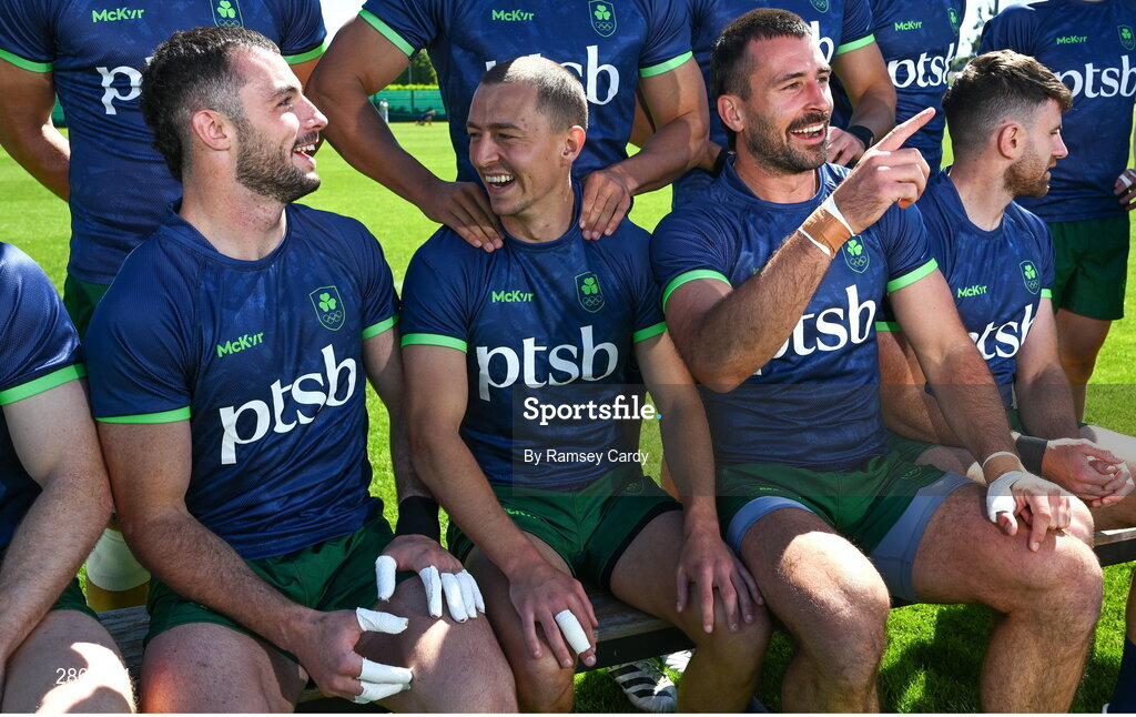 8 July 2024; Andrew Smith,  Hugo Lennox, Harry McNulty, and Hugo Keenan during the Team Ireland Paris 2024 team training for Rugby Sevens ahead of the Paris 2024 Olympic Games at the IRFU Outdoor Pitch on the Sport Ireland Campus in Dublin. Photo by Ramsey Cardy/Sportsfile
