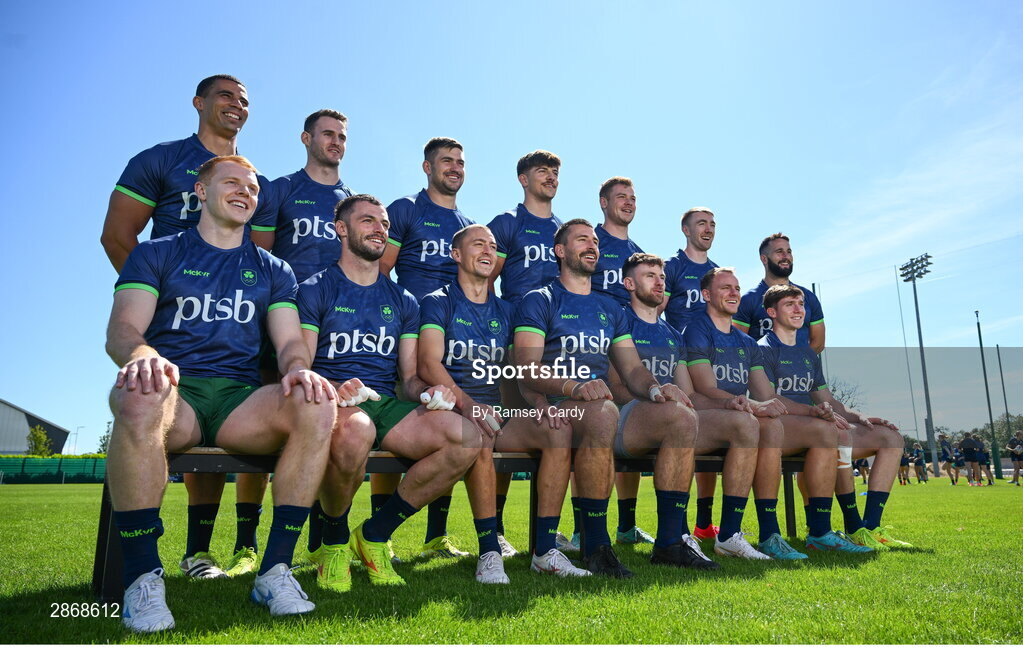 8 July 2024; The Ireland Men's Rugby Sevens Squad, back row, from left, Jordan Conroy, Jack Kelly, Bryan Mollen, Chay Mullins, Zac Ward, Terry Kennedy and Mark Roche, with, front row, from left, Gavin Mullin, Andrew Smith, Hugo Lennox, Harry McNulty, Hugo Keenan, Niall Comerford and Sean Cribbin during the Team Ireland Paris 2024 team training for Rugby Sevens ahead of the Paris 2024 Olympic Games at the IRFU Outdoor Pitch on the Sport Ireland Campus in Dublin. Photo by Ramsey Cardy/Sportsfile