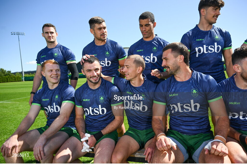 8 July 2024; Gavin Mullin, Andrew Smith, Hugo Lennox and Harry McNulty during the Team Ireland Paris 2024 team training for Rugby Sevens ahead of the Paris 2024 Olympic Games at the IRFU Outdoor Pitch on the Sport Ireland Campus in Dublin. Photo by Ramsey Cardy/Sportsfile