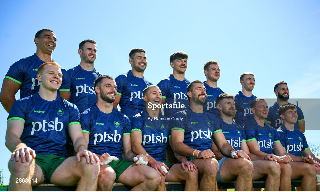8 July 2024; The Ireland Men's Rugby Sevens Squad, back row, from left, Jordan Conroy, Jack Kelly, Bryan Mollen, Chay Mullins, Zac Ward, Terry Kennedy and Mark Roche, with, front row, from left, Gavin Mullin, Andrew Smith, Hugo Lennox, Harry McNulty, Hugo Keenan, Niall Comerford and Sean Cribbin during the Team Ireland Paris 2024 team training for Rugby Sevens ahead of the Paris 2024 Olympic Games at the IRFU Outdoor Pitch on the Sport Ireland Campus in Dublin. Photo by Ramsey Cardy/Sportsfile