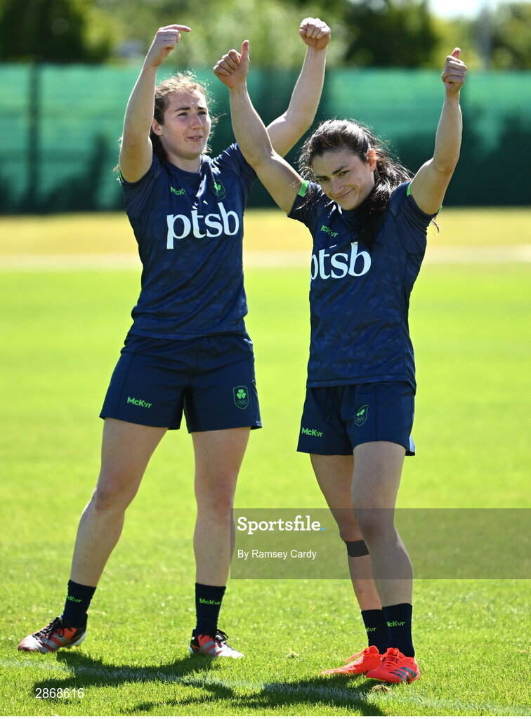 8 July 2024;  Eve Higgins, left, and Lucy Rock during the Team Ireland Paris 2024 team training for Rugby Sevens ahead of the Paris 2024 Olympic Games at the IRFU Outdoor Pitch on the Sport Ireland Campus in Dublin. Photo by Ramsey Cardy/Sportsfile