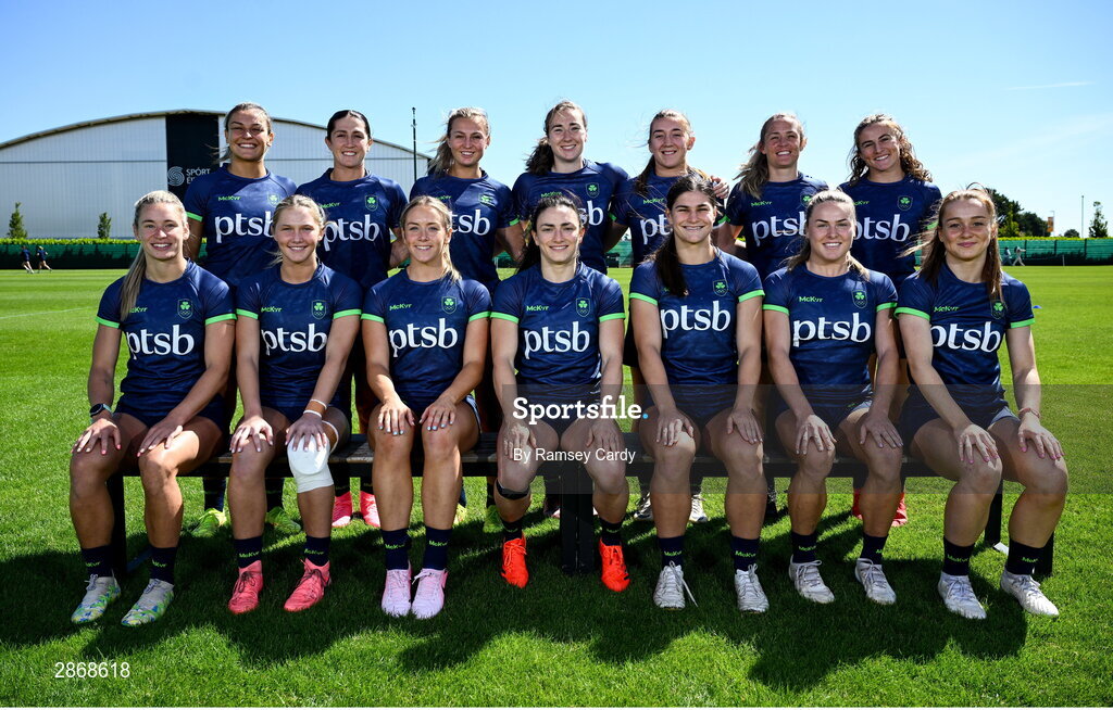 8 July 2024; Ireland Women's Rugby Sevens squad, back row, from left, Erin King, Amee-Leigh Murphy Crowne, Megan Burns, Eve Higgins, Claire Boles, Ashleigh Orchard and Emily Lane, with, front row, from left, Kathy Baker, Alanna Fitzpatrick, Stacey Flood, Lucy Rock, Vicky Elmes Kinlan, Beibhinn Parsons and Amy Larn during the Team Ireland Paris 2024 team training for Rugby Sevens ahead of the Paris 2024 Olympic Games at the IRFU Outdoor Pitch on the Sport Ireland Campus in Dublin. Photo by Ramsey Cardy/Sportsfile