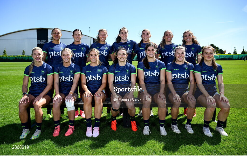 8 July 2024; Ireland Women's Rugby Sevens squad, back row, from left, Erin King, Amee-Leigh Murphy Crowne, Megan Burns, Eve Higgins, Claire Boles, Ashleigh Orchard and Emily Lane, with, front row, from left, Kathy Baker, Alanna Fitzpatrick, Stacey Flood, Lucy Rock, Vicky Elmes Kinlan, Beibhinn Parsons and Amy Larn during the Team Ireland Paris 2024 team training for Rugby Sevens ahead of the Paris 2024 Olympic Games at the IRFU Outdoor Pitch on the Sport Ireland Campus in Dublin. Photo by Ramsey Cardy/Sportsfile