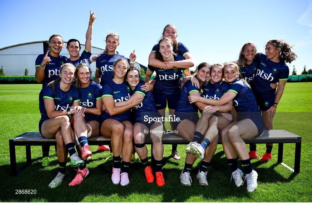 8 July 2024; Ireland Women's Rugby Sevens squad, back row, from left, Erin King, Amee-Leigh Murphy Crowne, Megan Burns, Eve Higgins, Claire Boles, Ashleigh Orchard and Emily Lane, with, front row, from left, Kathy Baker, Alanna Fitzpatrick, Stacey Flood, Lucy Rock, Vicky Elmes Kinlan, Beibhinn Parsons and Amy Larn during the Team Ireland Paris 2024 team training for Rugby Sevens ahead of the Paris 2024 Olympic Games at the IRFU Outdoor Pitch on the Sport Ireland Campus in Dublin. Photo by Ramsey Cardy/Sportsfile