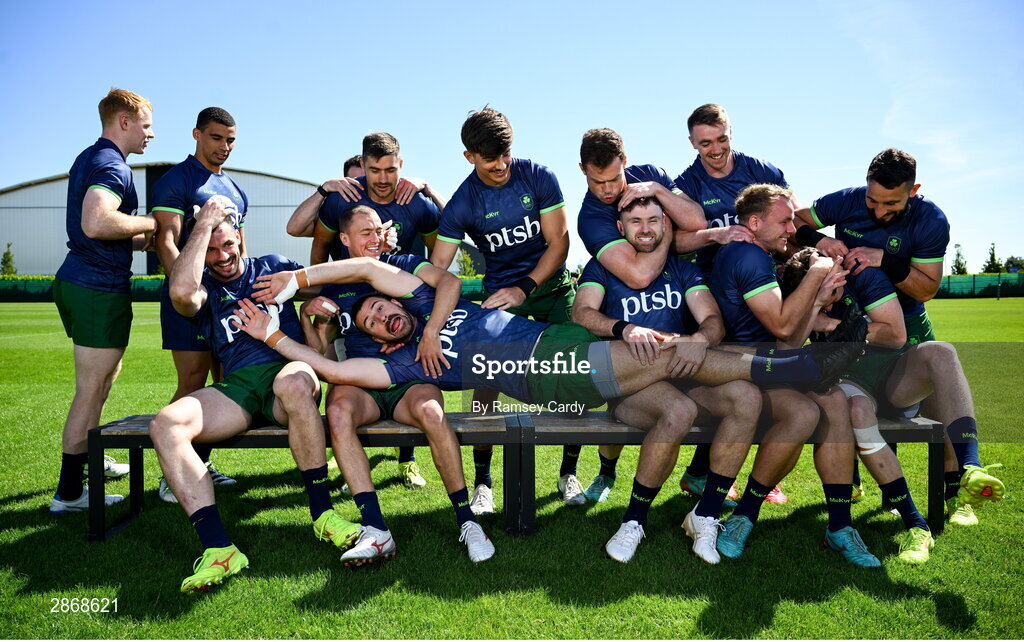 8 July 2024; The Ireland Men's Rugby Sevens Squad, back row, from left, Jordan Conroy, Jack Kelly, Bryan Mollen, Chay Mullins, Zac Ward, Terry Kennedy and Mark Roche, with, front row, from left, Gavin Mullin, Andrew Smith, Hugo Lennox, Harry McNulty, Hugo Keenan, Niall Comerford and Sean Cribbin during the Team Ireland Paris 2024 team training for Rugby Sevens ahead of the Paris 2024 Olympic Games at the IRFU Outdoor Pitch on the Sport Ireland Campus in Dublin. Photo by Ramsey Cardy/Sportsfile