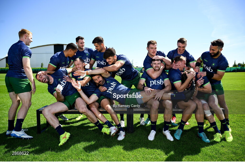 8 July 2024; The Ireland Men's Rugby Sevens Squad, back row, from left, Jordan Conroy, Jack Kelly, Bryan Mollen, Chay Mullins, Zac Ward, Terry Kennedy and Mark Roche, with, front row, from left, Gavin Mullin, Andrew Smith, Hugo Lennox, Harry McNulty, Hugo Keenan, Niall Comerford and Sean Cribbin during the Team Ireland Paris 2024 team training for Rugby Sevens ahead of the Paris 2024 Olympic Games at the IRFU Outdoor Pitch on the Sport Ireland Campus in Dublin. Photo by Ramsey Cardy/Sportsfile
