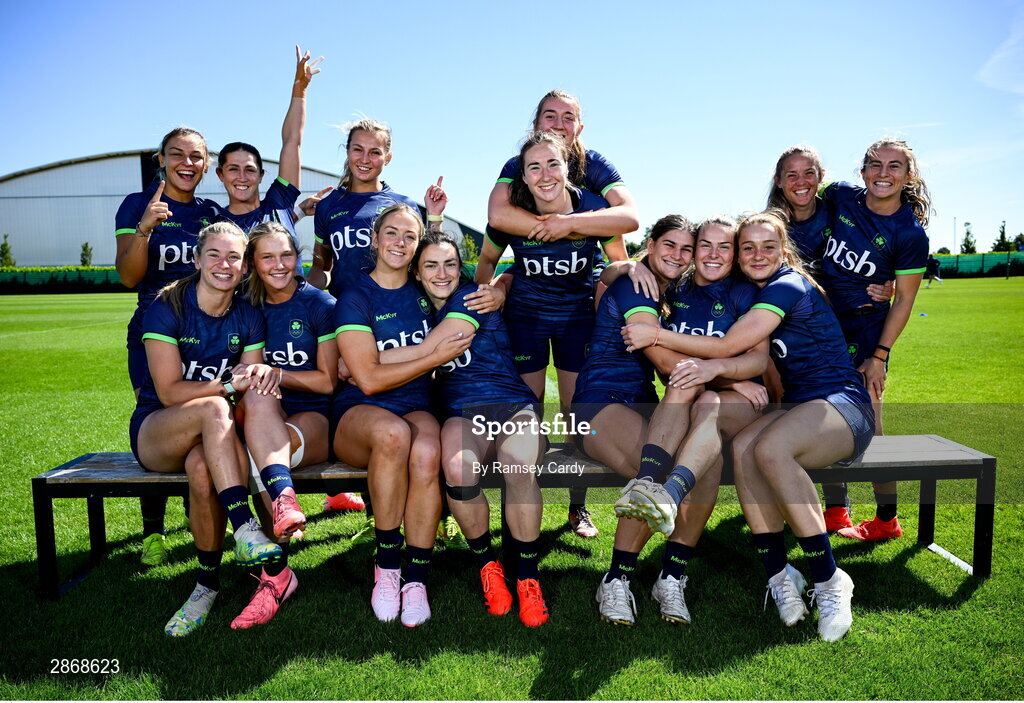 8 July 2024; Ireland Women's Rugby Sevens squad, back row, from left, Erin King, Amee-Leigh Murphy Crowne, Megan Burns, Eve Higgins, Claire Boles, Ashleigh Orchard and Emily Lane, with, front row, from left, Kathy Baker, Alanna Fitzpatrick, Stacey Flood, Lucy Rock, Vicky Elmes Kinlan, Beibhinn Parsons and Amy Larn during the Team Ireland Paris 2024 team training for Rugby Sevens ahead of the Paris 2024 Olympic Games at the IRFU Outdoor Pitch on the Sport Ireland Campus in Dublin. Photo by Ramsey Cardy/Sportsfile