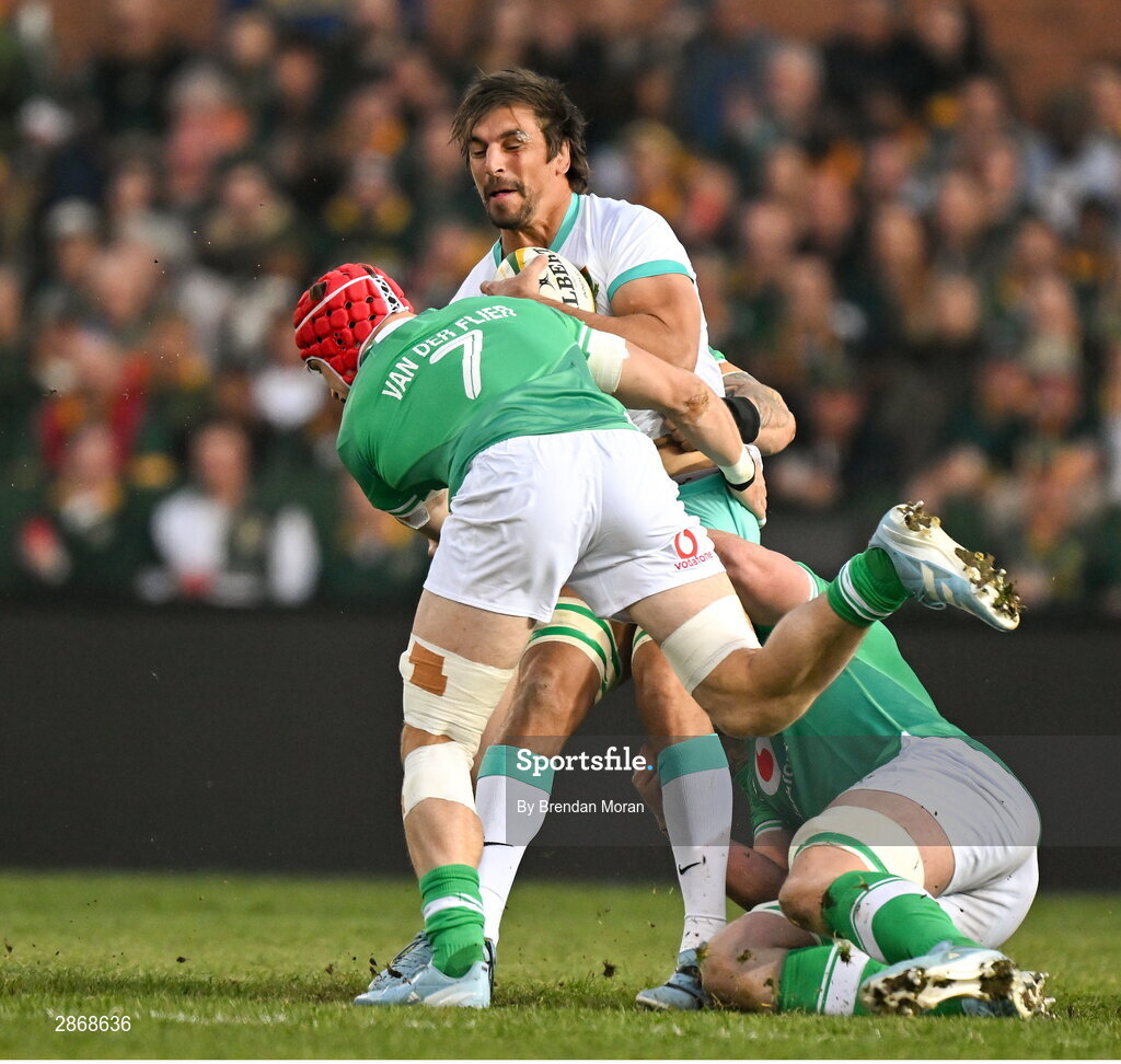 6 July 2024; Eben Etzebeth of South Africa is tackled by Josh van der Flier of Ireland during the first test between South Africa and Ireland at Loftus Versfeld Stadium in Pretoria, South Africa. Photo by Brendan Moran/Sportsfile