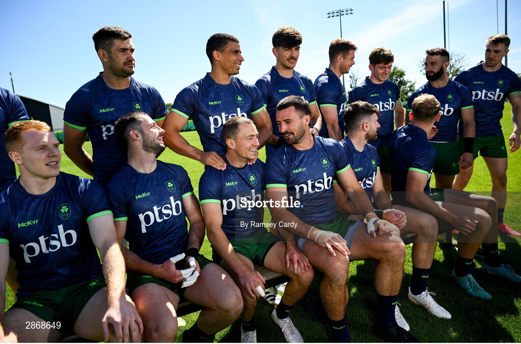 8 July 2024; The Ireland Men's Rugby Sevens Squad, back row, from left, Bryan Mollen, Jordan Conroy, Chay Mullins, Zac Ward, Sean Cribbin, Mark Roche, Terry Kennedy, with, front row, from left, Gavin Mullin, Andrew Smith, Hugo Lennox, Hary McNulty, Hugo Keenan, Niall Comerford during the Team Ireland Paris 2024 team training for Rugby Sevens ahead of the Paris 2024 Olympic Games at the IRFU Outdoor Pitch on the Sport Ireland Campus in Dublin. Photo by Ramsey Cardy/Sportsfile