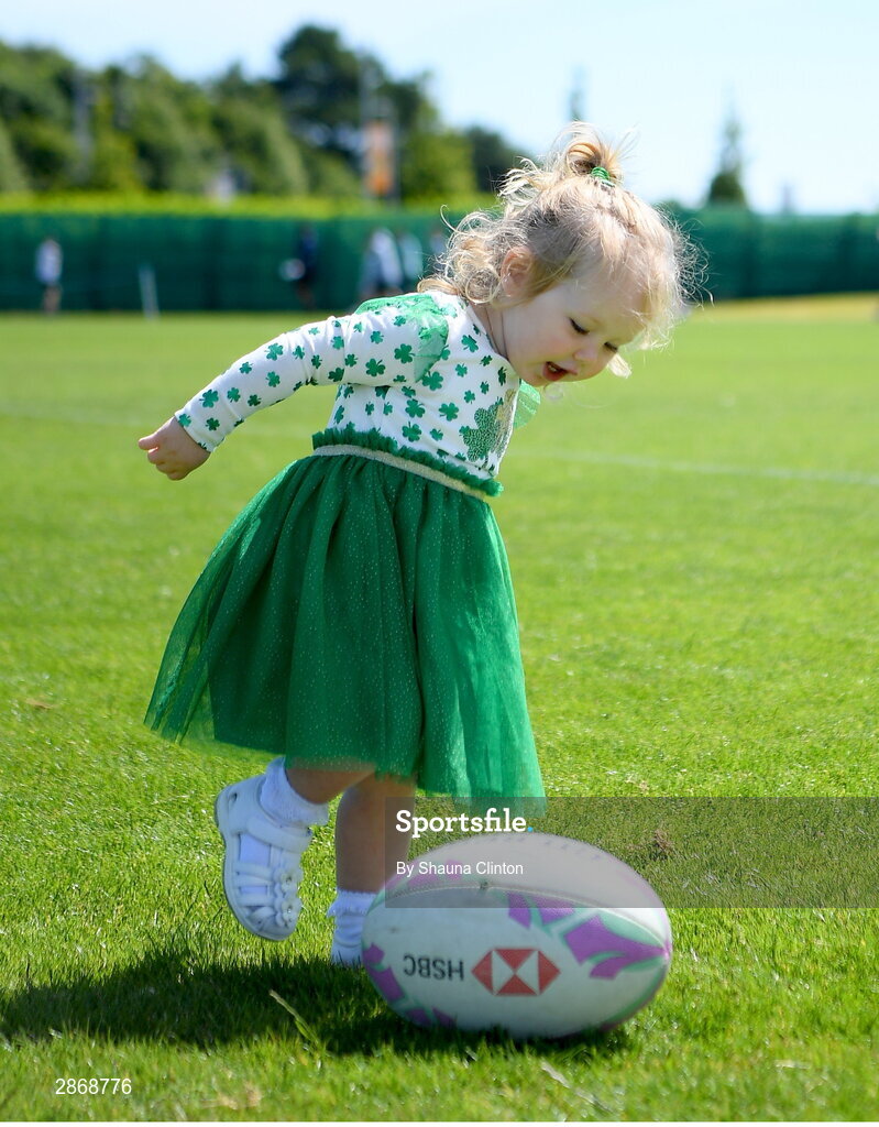 8 July 2024; Ireland supporter Erin Molony, aged 2, from Mullingar in Westmeath, during the Team Ireland Paris 2024 team training for Rugby Sevens ahead of the Paris 2024 Olympic Games at the IRFU Outdoor Pitch on the Sport Ireland Campus in Dublin. Photo by Shauna Clinton/Sportsfile