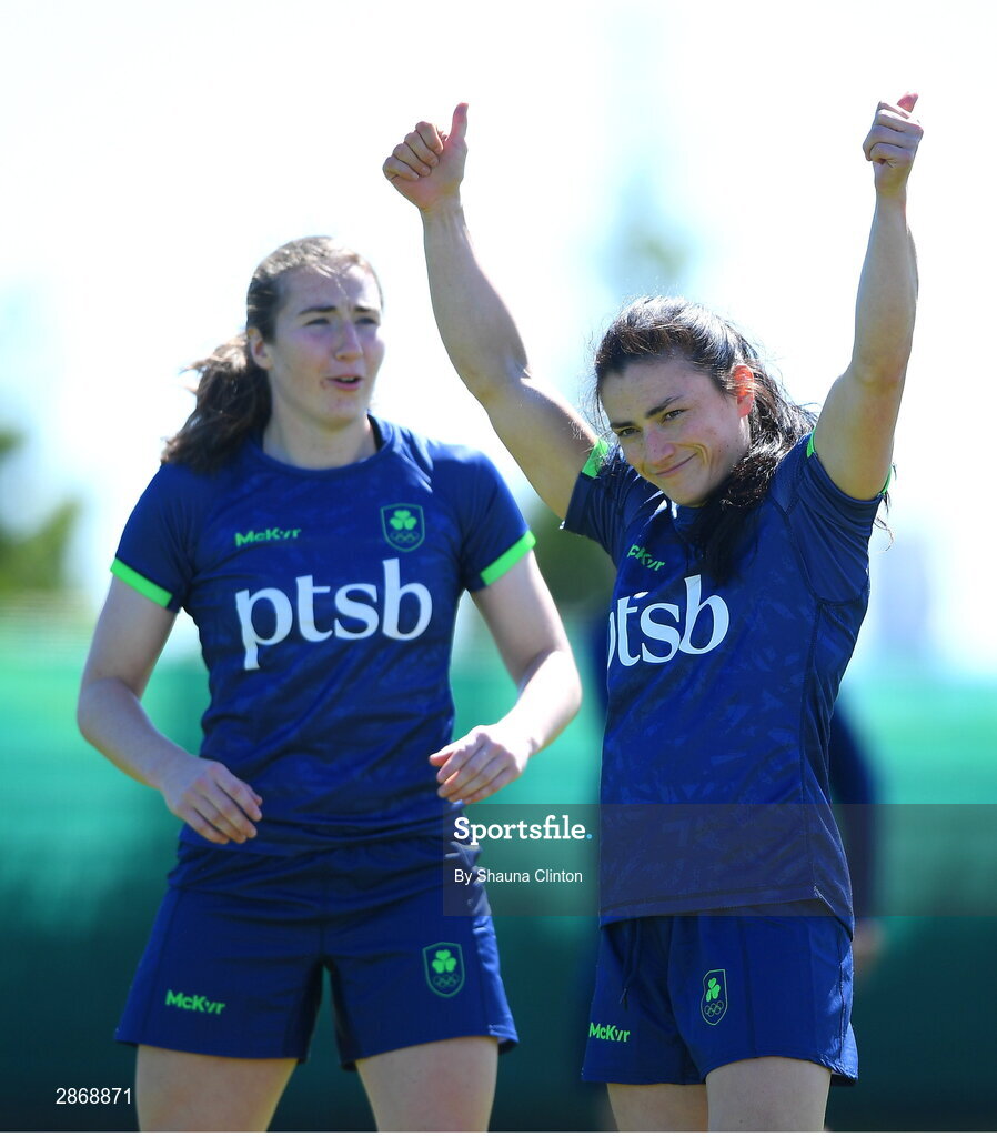 8 July 2024; Lucy Rock, right, and Eve Higgins during the Team Ireland Paris 2024 team training for Rugby Sevens ahead of the Paris 2024 Olympic Games at the IRFU Outdoor Pitch on the Sport Ireland Campus in Dublin. Photo by Shauna Clinton/Sportsfile