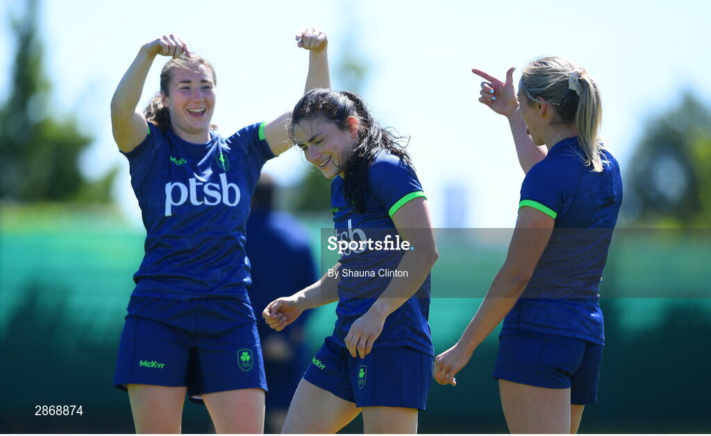 8 July 2024; Lucy Rock, centre, and team-mates during the Team Ireland Paris 2024 team training for Rugby Sevens ahead of the Paris 2024 Olympic Games at the IRFU Outdoor Pitch on the Sport Ireland Campus in Dublin. Photo by Shauna Clinton/Sportsfile