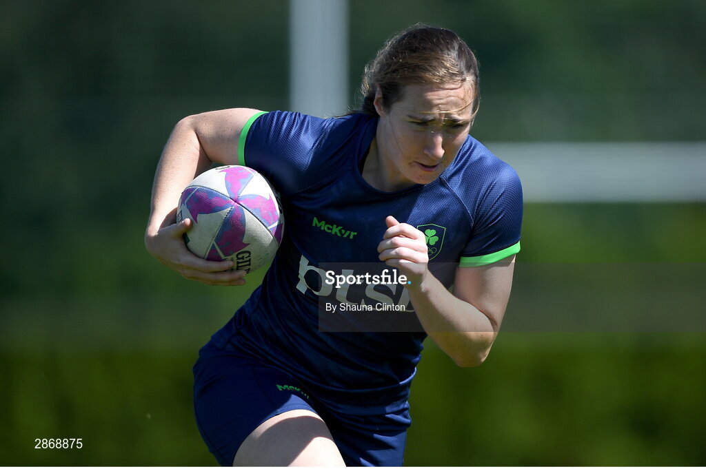 8 July 2024; Eve Higgins during the Team Ireland Paris 2024 team training for Rugby Sevens ahead of the Paris 2024 Olympic Games at the IRFU Outdoor Pitch on the Sport Ireland Campus in Dublin. Photo by Shauna Clinton/Sportsfile