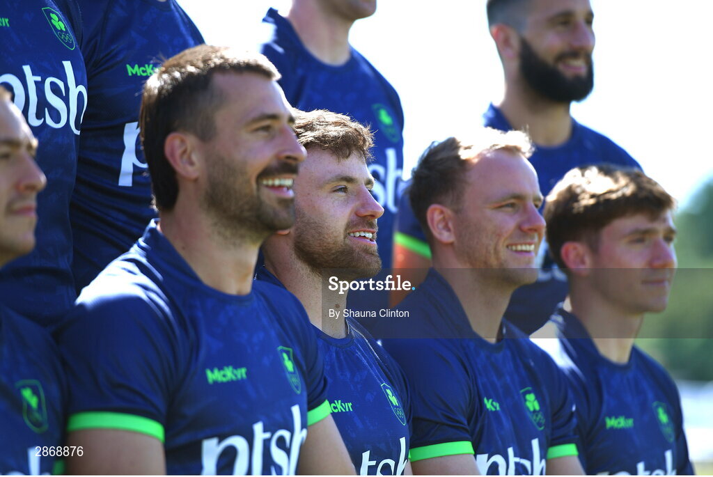 8 July 2024; Players, from left, Hugo Lennox, Harry McNulty, Hugo Keenan, Niall Comerford and Sean Cribbin during the Team Ireland Paris 2024 team training for Rugby Sevens ahead of the Paris 2024 Olympic Games at the IRFU Outdoor Pitch on the Sport Ireland Campus in Dublin. Photo by Shauna Clinton/Sportsfile