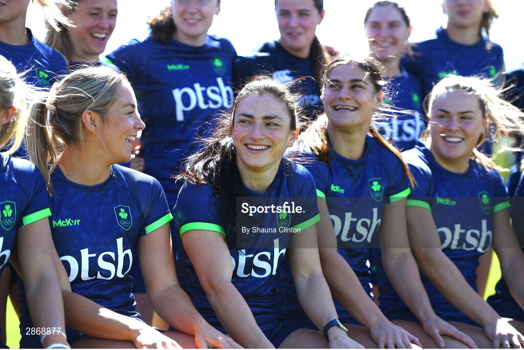 8 July 2024; Lucy Rock, front row, second from left, and team-mates during the Team Ireland Paris 2024 team training for Rugby Sevens ahead of the Paris 2024 Olympic Games at the IRFU Outdoor Pitch on the Sport Ireland Campus in Dublin. Photo by Shauna Clinton/Sportsfile