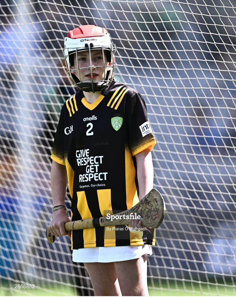 6 July 2024; Caoimhe Ní Chearbhaill, Scoil Lorcáin, Áth Cliath, representing Kilkenny during the GAA INTO Cumann na mBunscol Respect Exhibition Go Games at the GAA Hurling All-Ireland Senior Championship semi-final match between Kilkenny and Clare at Croke Park in Dublin. Photo by Piaras Ó Mídheach/Sportsfile
