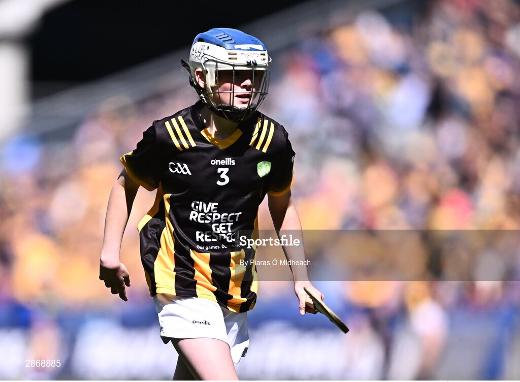 6 July 2024; Lily Comerford, Mary Help of Christian's GNS, Dublin, representing Kilkenny during the GAA INTO Cumann na mBunscol Respect Exhibition Go Games at the GAA Hurling All-Ireland Senior Championship semi-final match between Kilkenny and Clare at Croke Park in Dublin. Photo by Piaras Ó Mídheach/Sportsfile