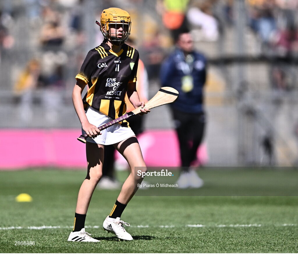 6 July 2024; Caitlin Griffith, Screen NS, Enniscorthy, Wexford, representing Kilkenny during the GAA INTO Cumann na mBunscol Respect Exhibition Go Games at the GAA Hurling All-Ireland Senior Championship semi-final match between Kilkenny and Clare at Croke Park in Dublin. Photo by Piaras Ó Mídheach/Sportsfile