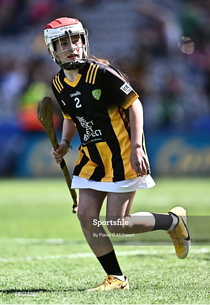 6 July 2024; Caoimhe Ní Chearbhaill, Scoil Lorcáin, Áth Cliath, representing Kilkenny during the GAA INTO Cumann na mBunscol Respect Exhibition Go Games at the GAA Hurling All-Ireland Senior Championship semi-final match between Kilkenny and Clare at Croke Park in Dublin. Photo by Piaras Ó Mídheach/Sportsfile