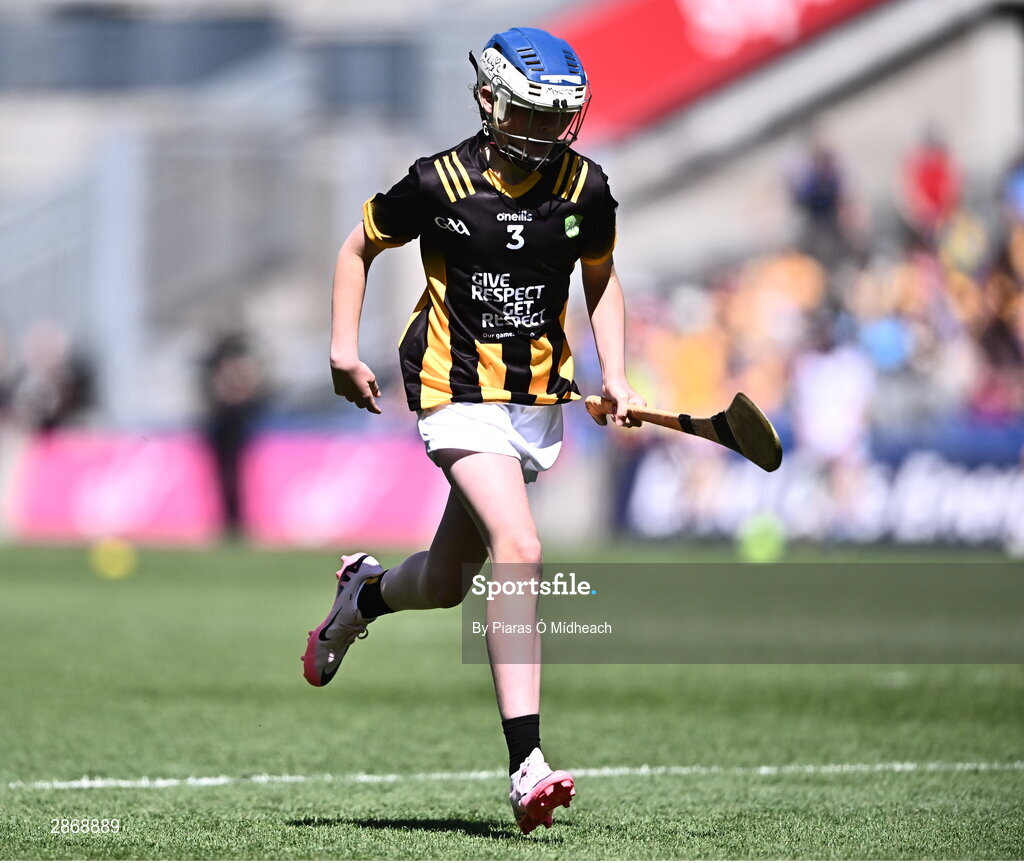 6 July 2024; Lily Comerford, Mary Help of Christian's GNS, Dublin, representing Kilkenny during the GAA INTO Cumann na mBunscol Respect Exhibition Go Games at the GAA Hurling All-Ireland Senior Championship semi-final match between Kilkenny and Clare at Croke Park in Dublin. Photo by Piaras Ó Mídheach/Sportsfile