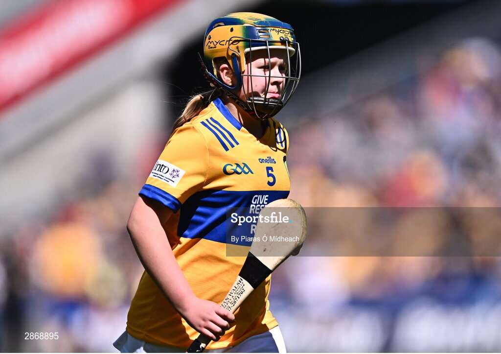 6 July 2024; Emma Flynn, Tulsk NS, Castlerea, Roscommon, representing Clare during the GAA INTO Cumann na mBunscol Respect Exhibition Go Games at the GAA Hurling All-Ireland Senior Championship semi-final match between Kilkenny and Clare at Croke Park in Dublin. Photo by Piaras Ó Mídheach/Sportsfile
