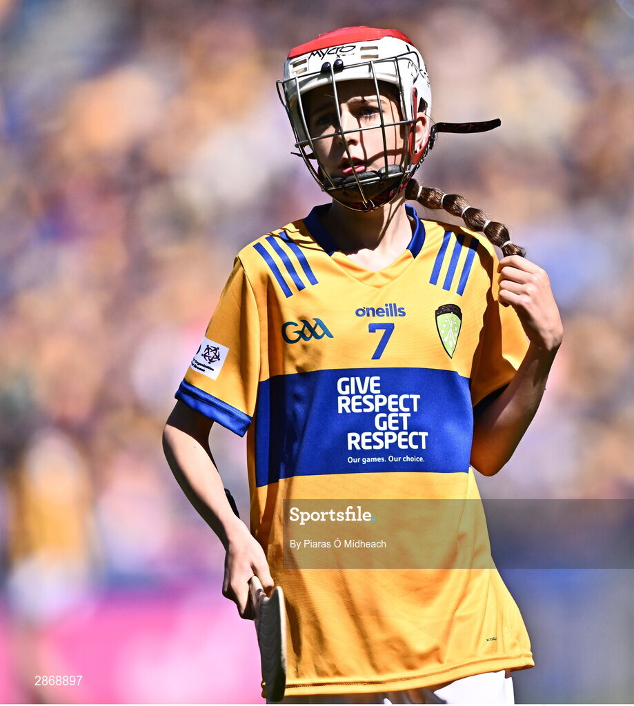 6 July 2024; Ornate Guckian, St Joseph's NS, Leitrim, representing Clare during the GAA INTO Cumann na mBunscol Respect Exhibition Go Games at the GAA Hurling All-Ireland Senior Championship semi-final match between Kilkenny and Clare at Croke Park in Dublin. Photo by Piaras Ó Mídheach/Sportsfile