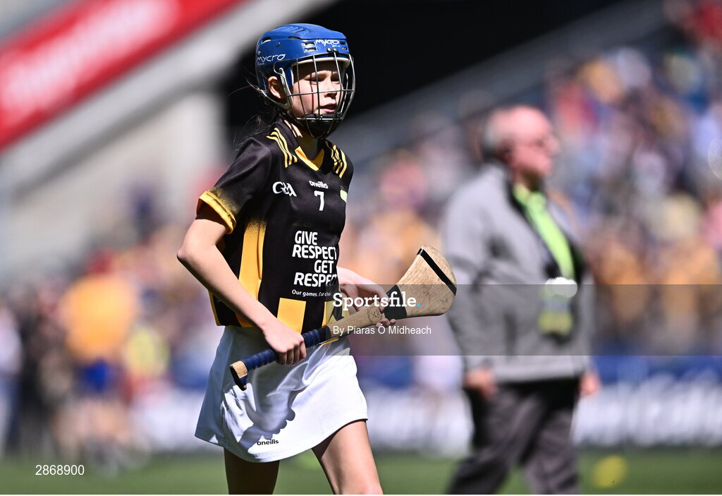 6 July 2024; Eva Hamilton, Bunscoil Bóthar na Naomh, Port Láirge, representing Kilkenny during the GAA INTO Cumann na mBunscol Respect Exhibition Go Games at the GAA Hurling All-Ireland Senior Championship semi-final match between Kilkenny and Clare at Croke Park in Dublin. Photo by Piaras Ó Mídheach/Sportsfile