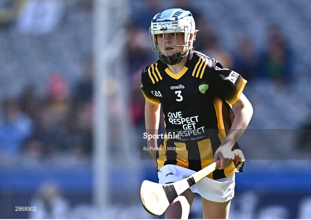 6 July 2024; Lily Comerford, Mary Help of Christian's GNS, Dublin, representing Kilkenny during the GAA INTO Cumann na mBunscol Respect Exhibition Go Games at the GAA Hurling All-Ireland Senior Championship semi-final match between Kilkenny and Clare at Croke Park in Dublin. Photo by Piaras Ó Mídheach/Sportsfile
