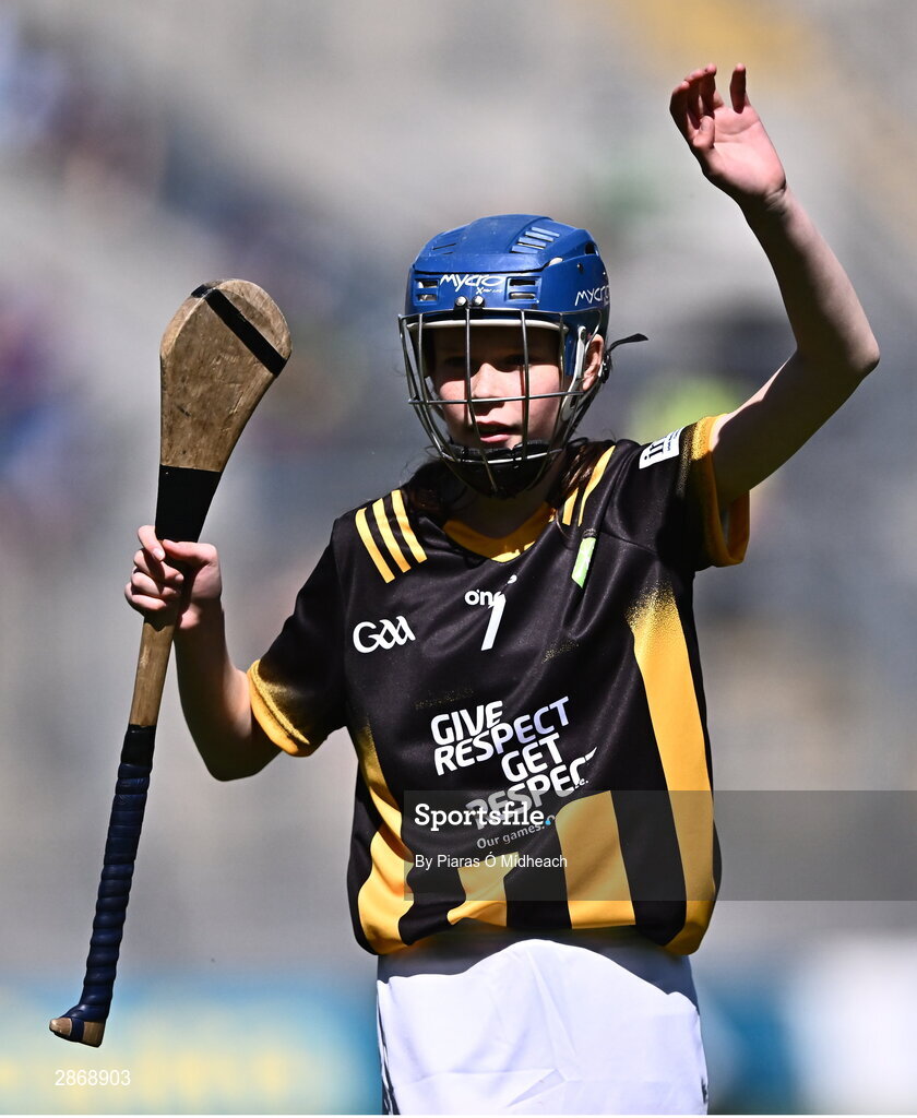 6 July 2024; Eva Hamilton, Bunscoil Bóthar na Naomh, Port Láirge, representing Kilkenny during the GAA INTO Cumann na mBunscol Respect Exhibition Go Games at the GAA Hurling All-Ireland Senior Championship semi-final match between Kilkenny and Clare at Croke Park in Dublin. Photo by Piaras Ó Mídheach/Sportsfile