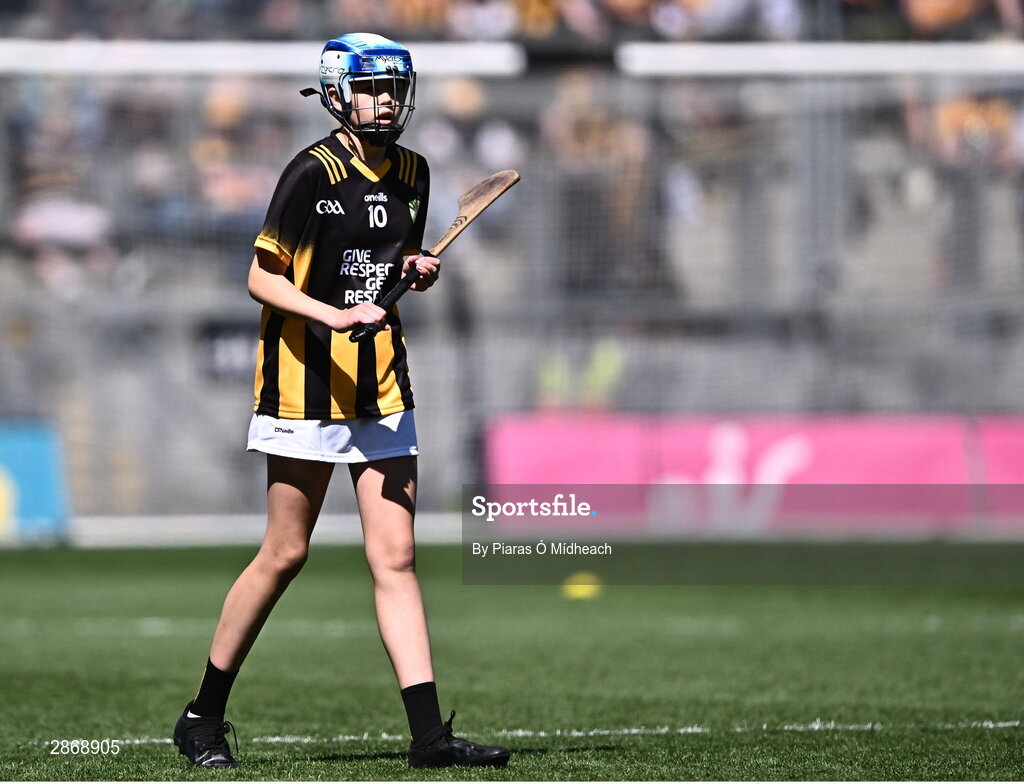 6 July 2024; Annabelle Bray, St Mary's NS, Raharney, Westmeath, representing Kilkenny during the GAA INTO Cumann na mBunscol Respect Exhibition Go Games at the GAA Hurling All-Ireland Senior Championship semi-final match between Kilkenny and Clare at Croke Park in Dublin. Photo by Piaras Ó Mídheach/Sportsfile