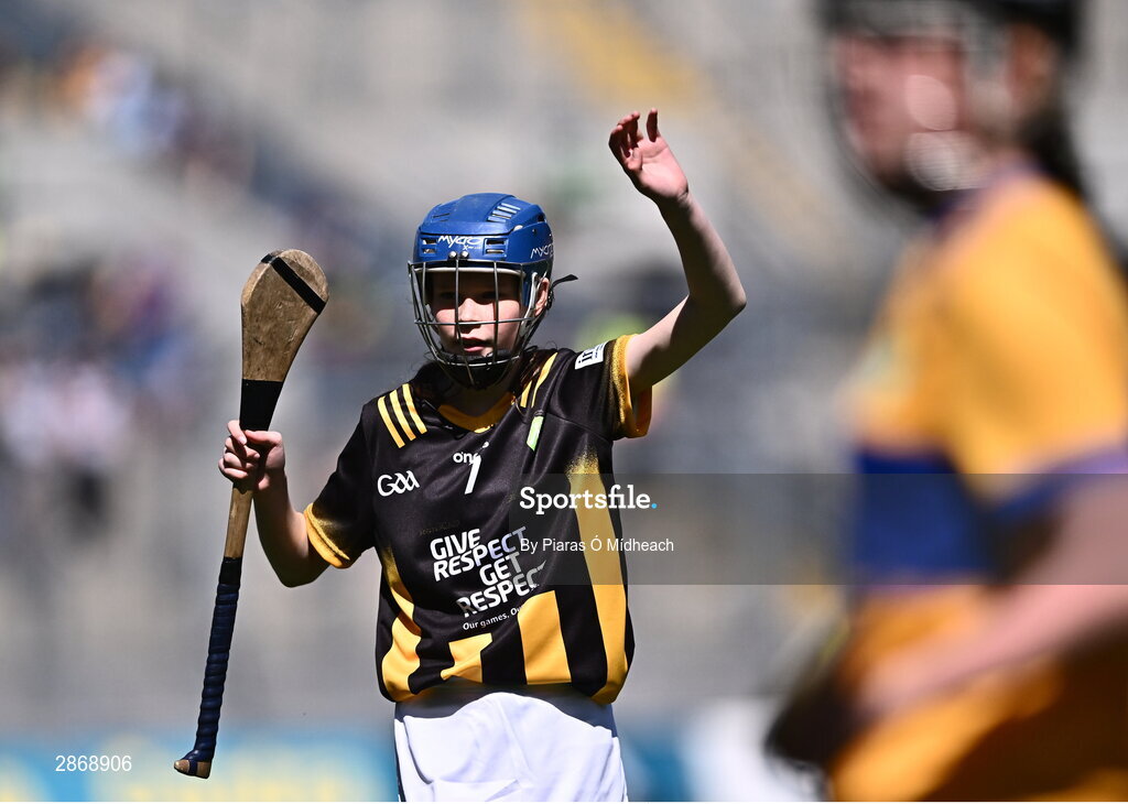 6 July 2024; Eva Hamilton, Bunscoil Bóthar na Naomh, Port Láirge, representing Kilkenny during the GAA INTO Cumann na mBunscol Respect Exhibition Go Games at the GAA Hurling All-Ireland Senior Championship semi-final match between Kilkenny and Clare at Croke Park in Dublin. Photo by Piaras Ó Mídheach/Sportsfile