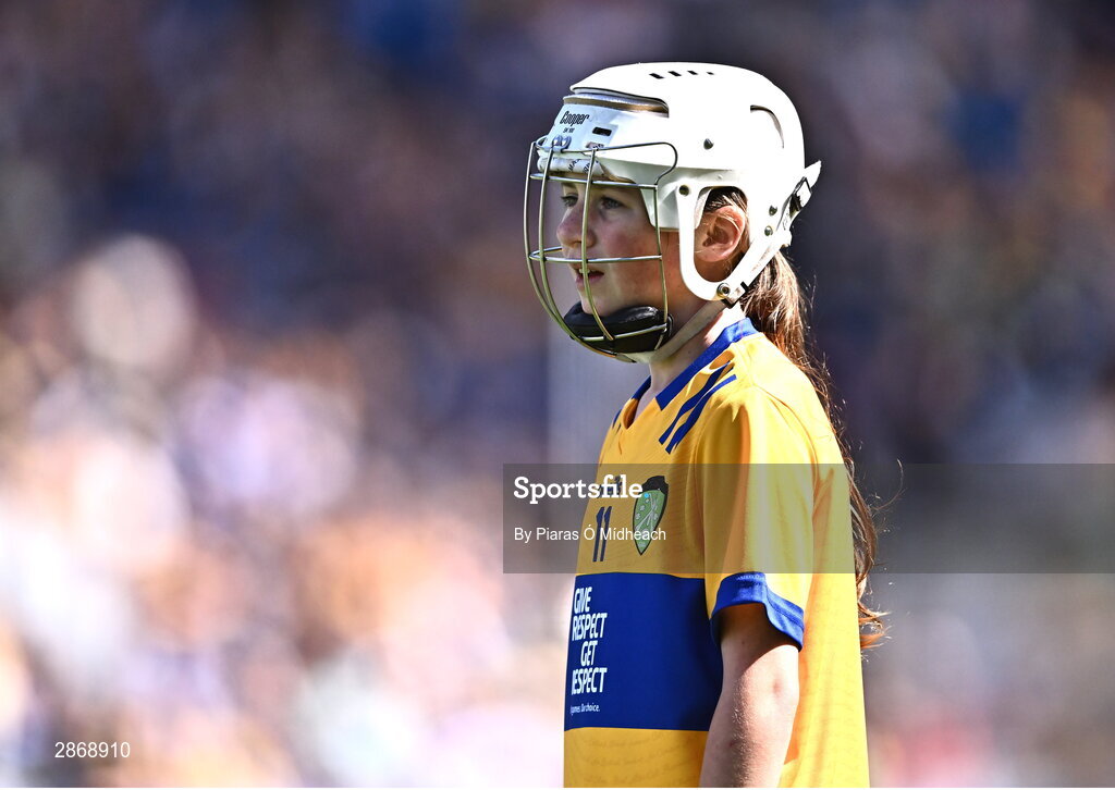 6 July 2024; Caoimhe Manley, Bishop Harty NS, Nenagh, Tipperary, representing Clare during the GAA INTO Cumann na mBunscol Respect Exhibition Go Games at the GAA Hurling All-Ireland Senior Championship semi-final match between Kilkenny and Clare at Croke Park in Dublin. Photo by Piaras Ó Mídheach/Sportsfile