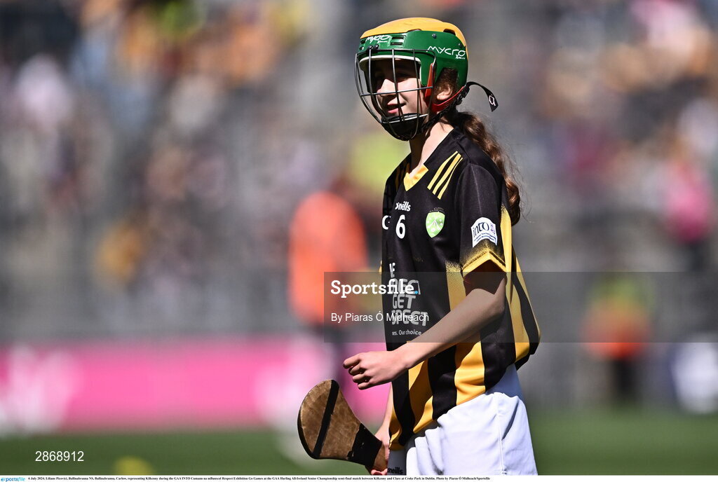6 July 2024; Liliane Picovici, Ballinabranna NS, Ballinabranna, Carlow, representing Kilkenny during the GAA INTO Cumann na mBunscol Respect Exhibition Go Games at the GAA Hurling All-Ireland Senior Championship semi-final match between Kilkenny and Clare at Croke Park in Dublin. Photo by Piaras Ó Mídheach/Sportsfile